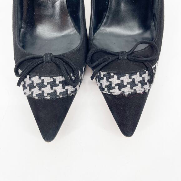 Manolo Blahnik Black Suede Gray Houndstooth Bow Pointed Toe Pumps Heels IT 36 - Picture 6 of 10